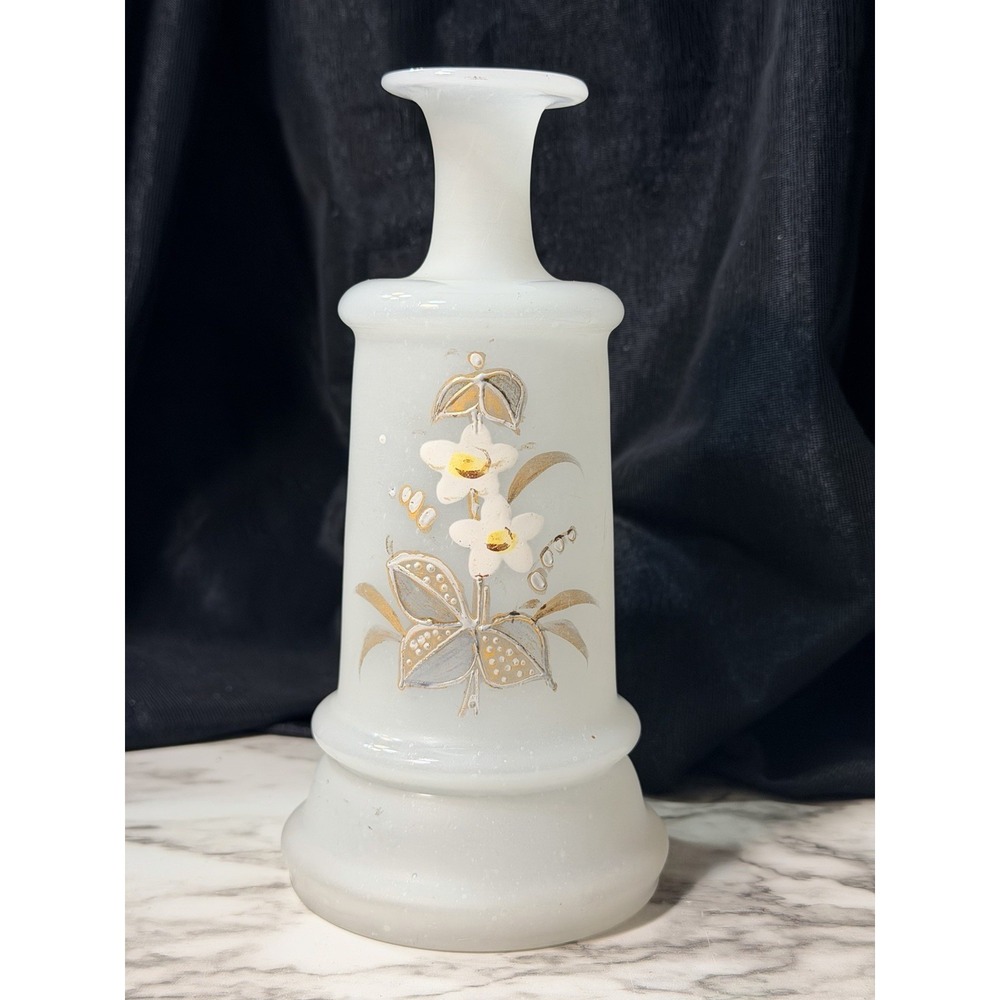 Antique Bristol White Satin Glass Hand Painted‎ Vase/Bottle 6.75" T (2756)